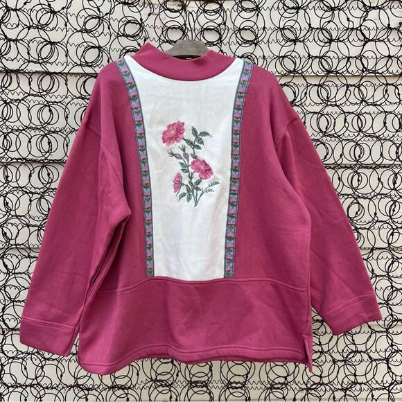 90s Cervelle Pink white color block floral embroidered grannycore sweatshirt 1X - Picture 1 of 7